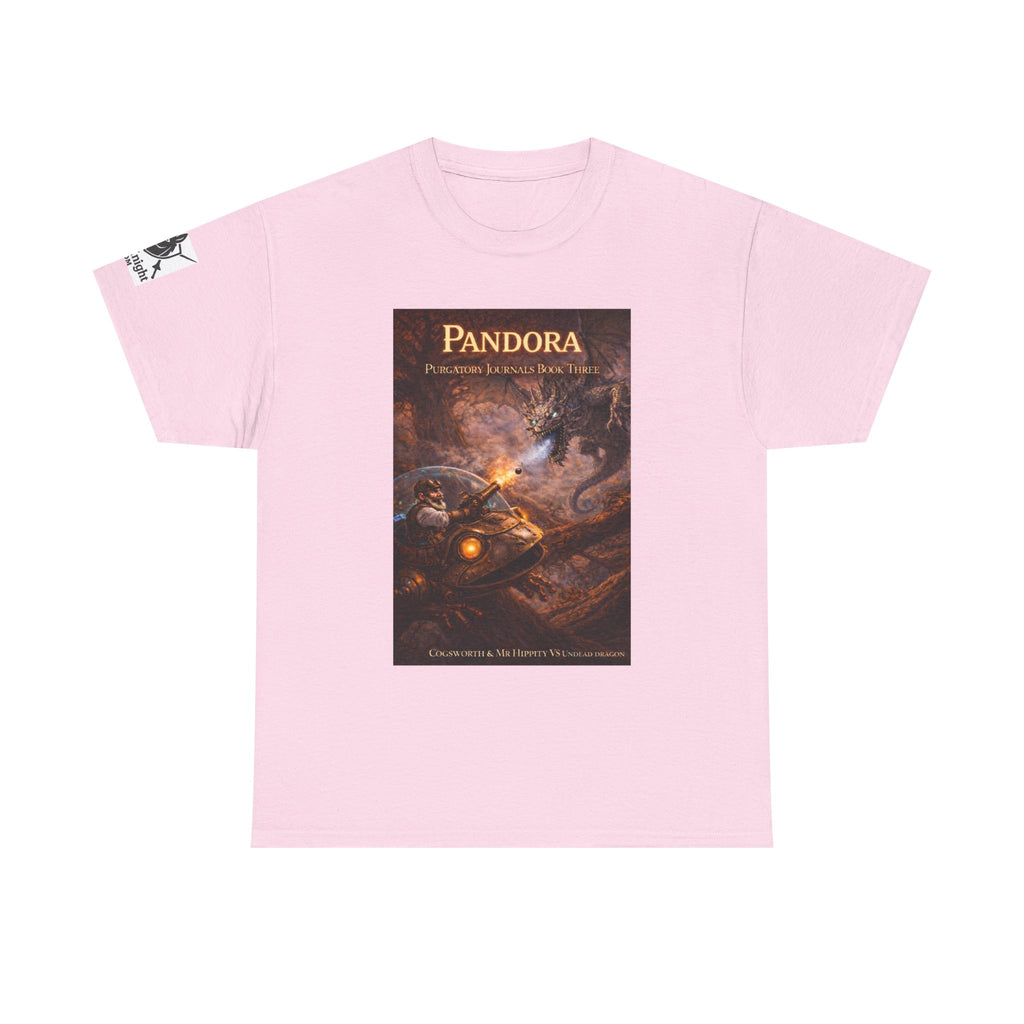 Pandora Cogsworth & Mr Hippty Vs Undead Dragon on Front - Pandora book cover on back -Purgatory Journals Book 3 -  Graphic Tee — Fantasy Novel tee