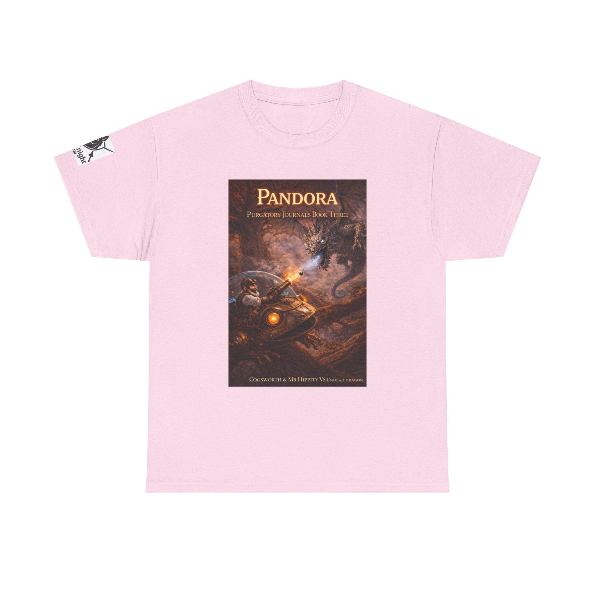Pandora Cogsworth & Mr Hippty Vs Undead Dragon on Front - Pandora book cover on back -Purgatory Journals Book 3 -  Graphic Tee — Fantasy Novel tee
