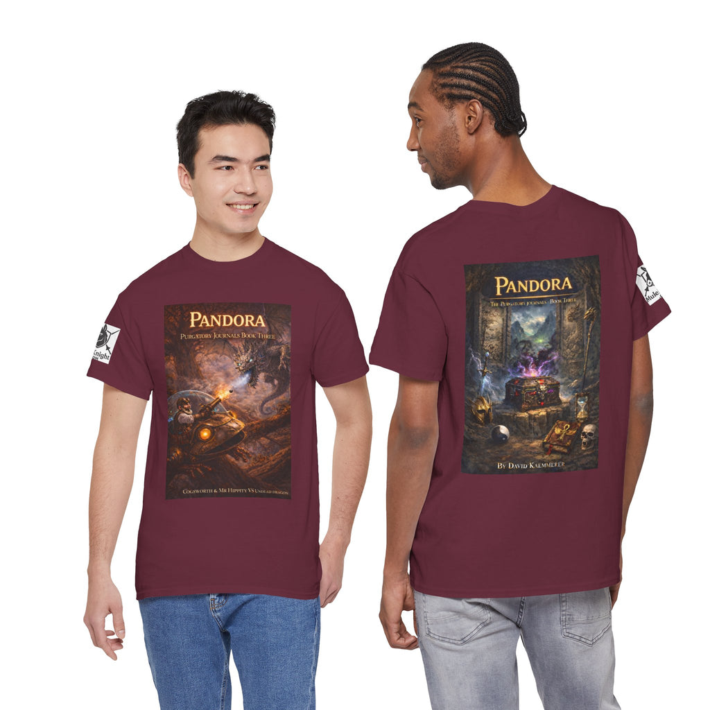 Pandora Cogsworth & Mr Hippty Vs Undead Dragon on Front - Pandora book cover on back -Purgatory Journals Book 3 -  Graphic Tee — Fantasy Novel tee