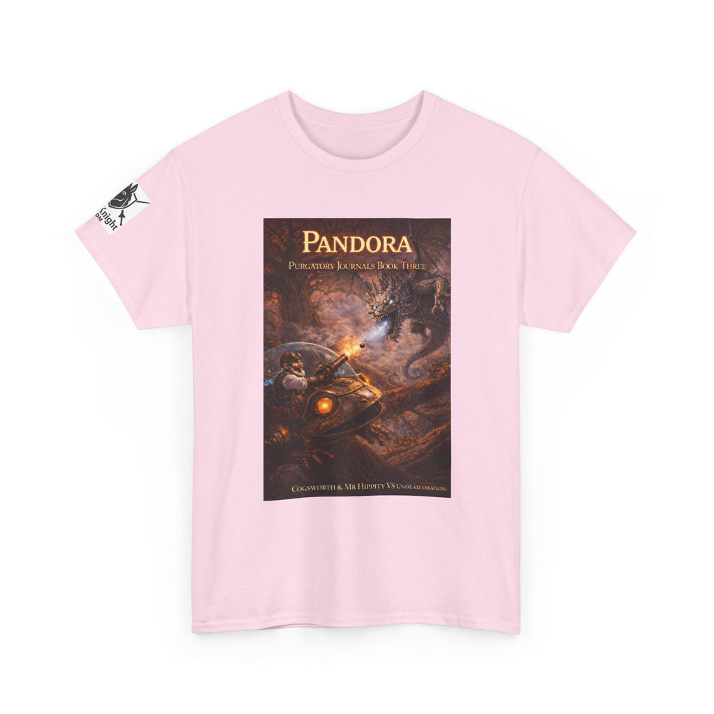 Pandora Cogsworth & Mr Hippty Vs Undead Dragon on Front - Pandora book cover on back -Purgatory Journals Book 3 -  Graphic Tee — Fantasy Novel tee