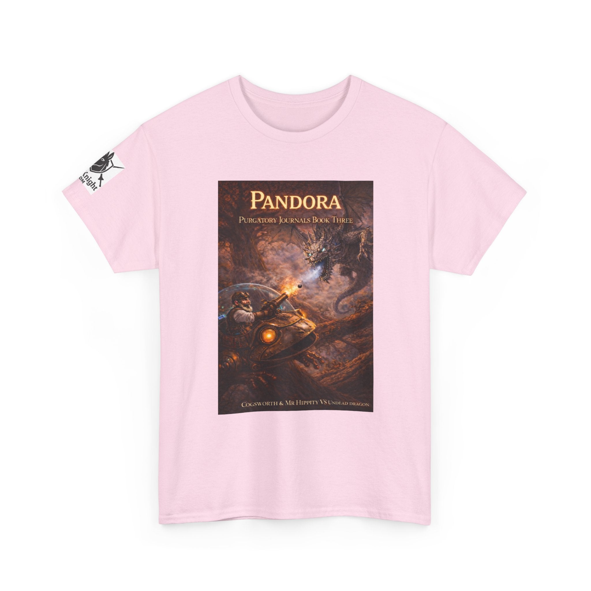 Pandora Cogsworth & Mr Hippty Vs Undead Dragon on Front - Pandora book cover on back -Purgatory Journals Book 3 -  Graphic Tee — Fantasy Novel tee